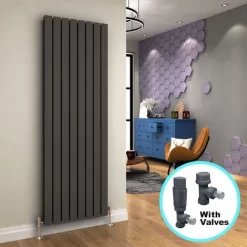 ELEGANT 1800 X 608 Mm Vertical Designer Radiator Anthracite Flat Double Panel Column Tall Upright Central Heating Radiators + Anthracite Thermostatic Radiator Valves