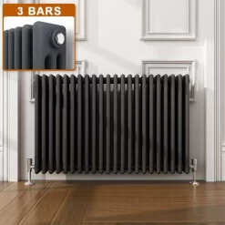 ELEGANT Traditional Radiator Anthracite Triple Horizontal Cast Iron Grey Radiator - Perfect For Kithcen, Living Room, Bathroom Radiators 3 Column 600 X 1010 Mm + Chrome Thermostatic Radiator Valves