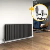 ELEGANT 600 X 1360 Mm Anthracite Designer Radiator Horizontal Column Radiator Heater Double Flat Panel + Chrome Thermostatic Radiator Valves