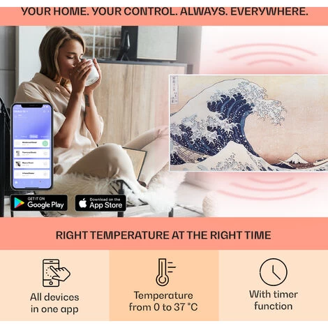 Klarstein Wonderwall Air Art Smart Infrared Heater 120x60cm 700W App Waves - Image 3