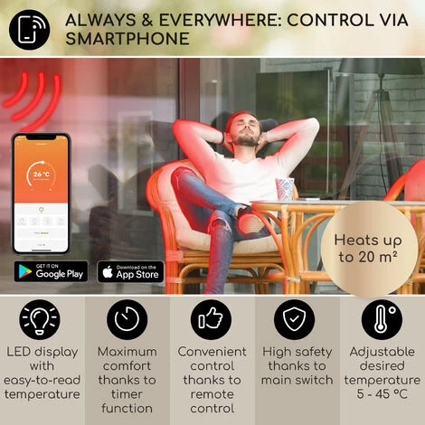 Blumfeldt Blumfeldt, Smartwave, Infrared Radiant Heater, Carbon Tube, 2400W, WiFi, App, White - Image 3