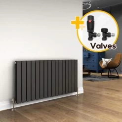 ELEGANT 600 X 1216 Mm Anthracite Designer Radiator Horizontal Column Double Flat Panel Radiator Heater + Anthracite Thermostatic Radiator Valves