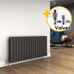 ELEGANT 600 X 1216 Mm Anthracite Designer Radiator Horizontal Column Double Flat Panel Radiator Heater + Chrome Thermostatic Radiator Valves