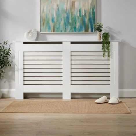 Large White Radiator Cover Wooden MDF Wall Cabinet Shelf Slatted Grill York - Image 2