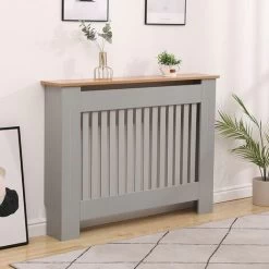 Medium Grey Oak Top Radiator Cover Wooden Wall Cabinet Shelf Slatted Grill York
