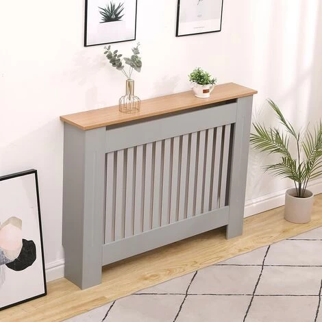 Medium Grey Oak Top Radiator Cover Wooden Wall Cabinet Shelf Slatted Grill York - Image 2