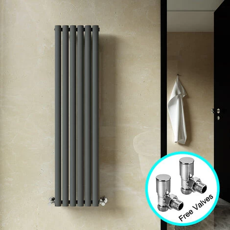 ELEGANT Designer Vertical Anthracite Radiator Oval Panel Radiator 1600x360mm Single + Chrome Angled Radiator Valve
