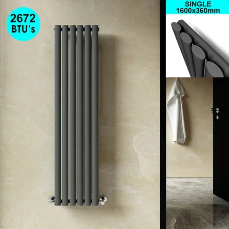 ELEGANT Designer Vertical Anthracite Radiator Oval Panel Radiator 1600x360mm Single + Chrome Angled Radiator Valve - Image 2