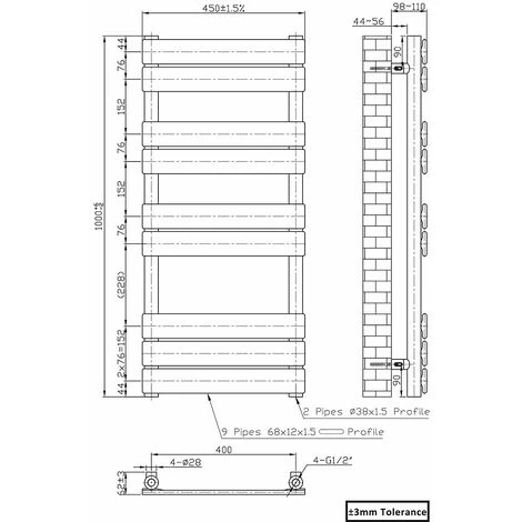 Bathroom Flat Panel Heated Towel Rail Radiator Central Heating 1000x450mm Black - Image 3