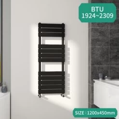 Bathroom Flat Panel Heated Towel Rail Radiator Central Heating 1200x450mm Black