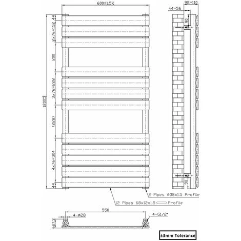 Bathroom Flat Panel Heated Towel Rail Radiator Central Heating 1200x600mm Black - Image 3