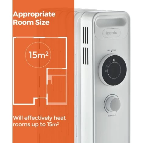 Igenix Oil Filled Radiator, 1.5kW/1500W, Overheat Protection, White - IG2615 - Image 2