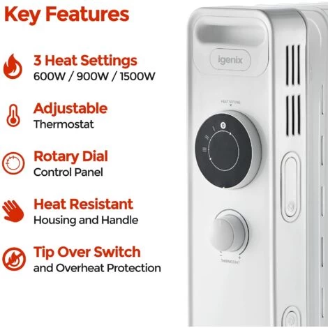 Igenix Oil Filled Radiator, 1.5kW/1500W, Overheat Protection, White - IG2615 - Image 3