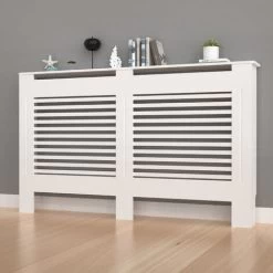 91cm Tall Radiator Cover Modern White Cabinet Horizontal MDF Slats Wood Grill Furniture, Large 152 X 19 X 92.2cm