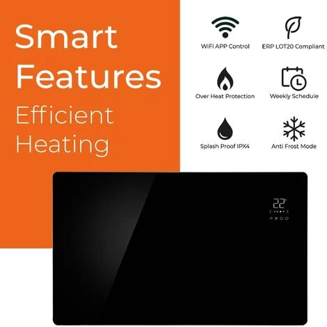 Vitra WiFi Electric Panel Heater, Wall Mounted Or Portable / Energy Efficient LOT20 Compliant, White-500W - Image 2