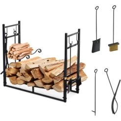 Outsunny Firewood Stand Log Rack Holder 84cm With 4-PC Fireplace Tools Set Black
