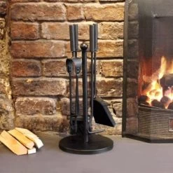 5 Piece Coal Fire Companion Set - Includes Poker, Tong, Shovel, Brush & Stand