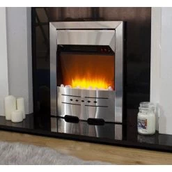 Electric Fire Silver Fireplace Heating With Realistic 3D Flame Effect Lighting & Decorative Pebbles Quiet Fan Freestanding 59cm Heater