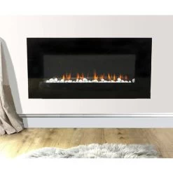 Flame Effect Fire Electric Fireplace Black 50cm Wall Mounted Realistic 3D Flame Effect Lighting & Decorative Pebbles Remote Control