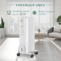 1500W 7 Fin Oil Filled Radiator Portable Electric Heater With Thermostat White