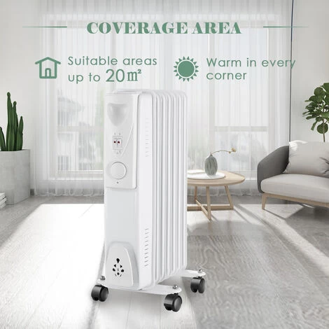 1500W 7 Fin Oil Filled Radiator Portable Electric Heater With Thermostat White
