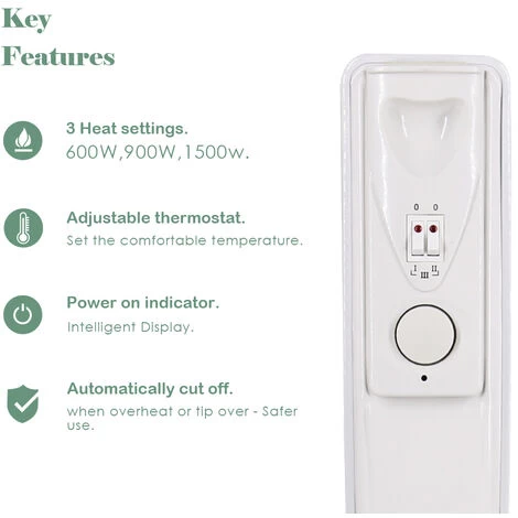 1500W 7 Fin Oil Filled Radiator Portable Electric Heater With Thermostat White - Image 2