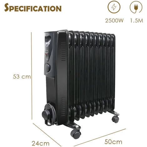 Black Oil Filled Radiator Portable Electric Heater Thermostat 11 Fin 2500W - Image 4