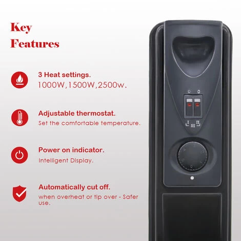 Black Oil Filled Radiator Portable Electric Heater Thermostat 11 Fin 2500W - Image 5