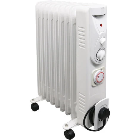 White Oil Filled Radiator Portable Electric Heater Thermostat 9 Fin 2000W With Timer