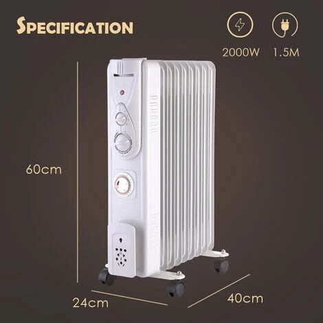 White Oil Filled Radiator Portable Electric Heater Thermostat 9 Fin 2000W With Timer - Image 4
