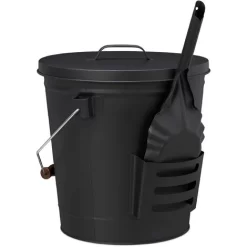 Relaxdays Ash Bucket With Lid And Shovel, Steel, Charcoal Bin With Handle, 19 L, Fireplace & BBQ Set, Black