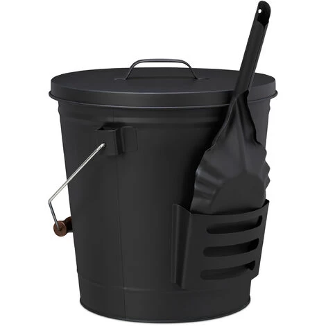 Relaxdays Ash Bucket With Lid And Shovel, Steel, Charcoal Bin With Handle, 19 L, Fireplace & BBQ Set, Black