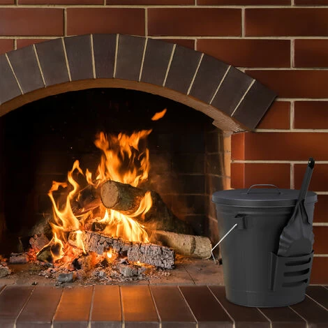Relaxdays Ash Bucket With Lid And Shovel, Steel, Charcoal Bin With Handle, 19 L, Fireplace & BBQ Set, Black - Image 3