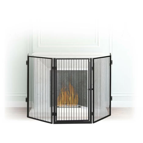 Relaxdays Metal Fireplace Screen, 5-Panel Safety Barrier, Spark Guard For Babies And Pets, Steel, Black
