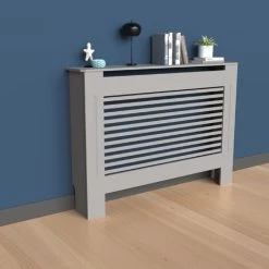 Extra Tall 92cm Radiator Cover MDF Modern Cabinet Slatted Grill Grey, Small 78 X 19 X 92.2 Cm