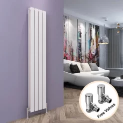 ELEGANT White Vertical Double Flat Panel Radiator 1600 X 304mm Designer Radiator With Angled Radiator Valves
