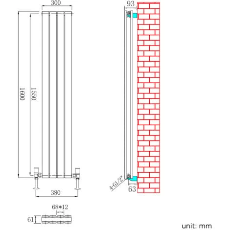 ELEGANT White Vertical Double Flat Panel Radiator 1600 X 304mm Designer Radiator With Angled Radiator Valves - Image 3