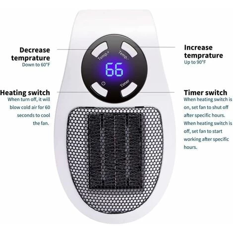 500W Space Heater, Wall Plug Electric Heater As Seen On TV With Adjustable Thermostat And Timer And LED Display, Compact For The Office Dorm. - Image 3