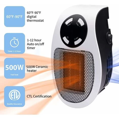 500W Space Heater, Wall Plug Electric Heater As Seen On TV With Adjustable Thermostat And Timer And LED Display, Compact For The Office Dorm. - Image 4
