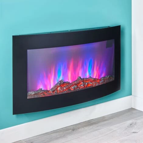 Electric Wall Mounted Log Effect Fireplace Curved Wide Screen 7 Colour LED Flame - Image 2