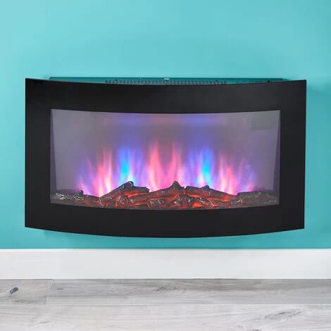 Electric Wall Mounted Log Effect Fireplace Curved Wide Screen 7 Colour LED Flame - Image 3