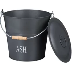 Relaxdays Ash Bucket With Lid, 12l, Charcoal Bin With Handle, Round, Fireplace/Stove/Barbecue, HWD: 30x34x35 Cm, Grey