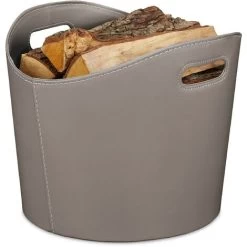Relaxdays Faux Leather Basket, Sturdy Firewood Container With Handles, Also For Laundry, Toys, Etc., 32 X 38 Cm, Grey