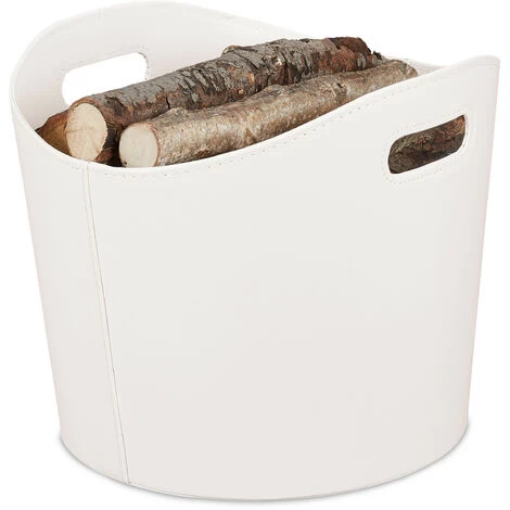 Relaxdays Faux Leather Basket, Sturdy Firewood Container With Handles, Also For Laundry, Toys, Etc., 32 X 38 Cm, Creme