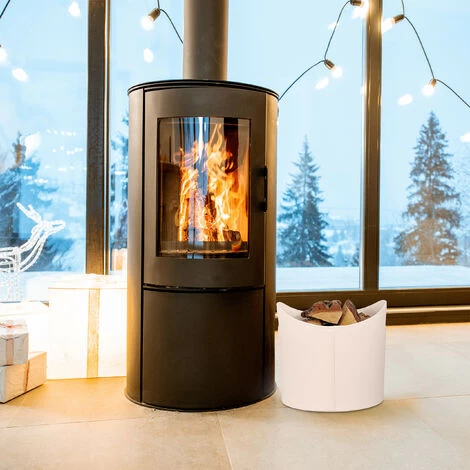 Relaxdays Faux Leather Basket, Sturdy Firewood Container With Handles, Also For Laundry, Toys, Etc., 32 X 38 Cm, Creme - Image 2