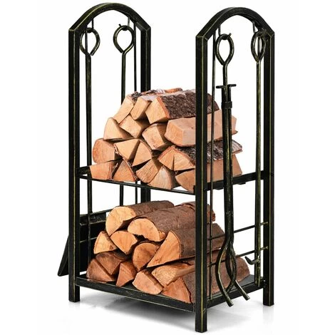 Fireplace Log Rack Set 4-Piece Fireplace Tools Wrought Iron Storage Logs Holder