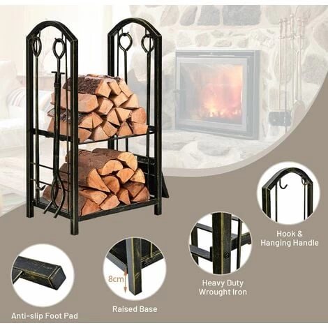 Fireplace Log Rack Set 4-Piece Fireplace Tools Wrought Iron Storage Logs Holder - Image 2