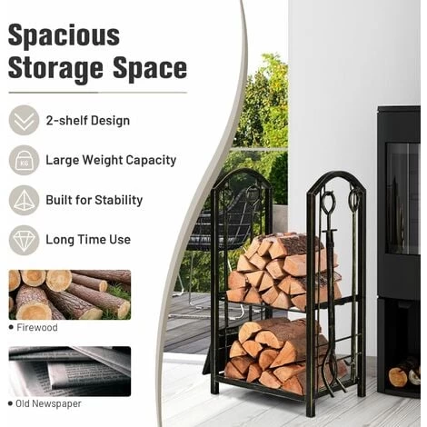 Fireplace Log Rack Set 4-Piece Fireplace Tools Wrought Iron Storage Logs Holder - Image 3
