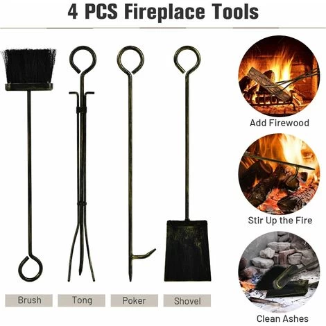 Fireplace Log Rack Set 4-Piece Fireplace Tools Wrought Iron Storage Logs Holder - Image 4
