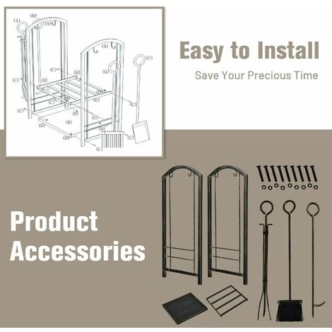 Fireplace Log Rack Set 4-Piece Fireplace Tools Wrought Iron Storage Logs Holder - Image 5